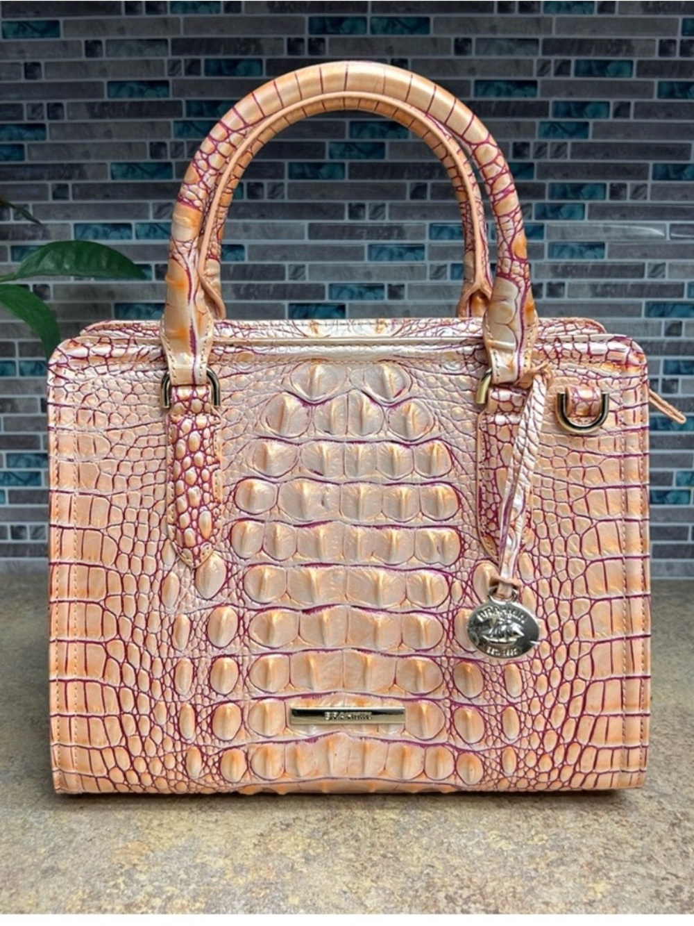 Brahmin Iridescent Peach-Pink Croc-Embossed Satchel and wallet with Gold Accent